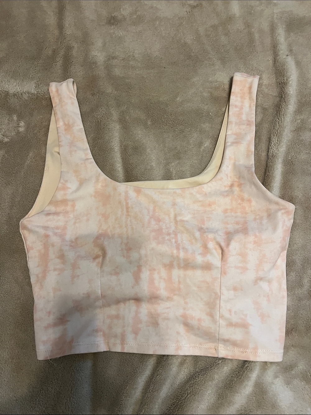 Fabletics Pale Peach Tie-Dye Square Neck Crop Tank Bra Built In